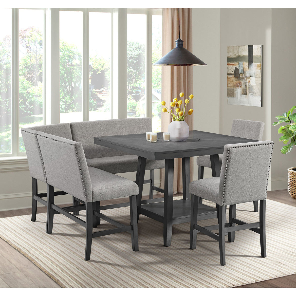 Seneca Counter 3PC Corner Bench Grey Fabric in Grey – SKU D-7670-3-CCBNC | Elements