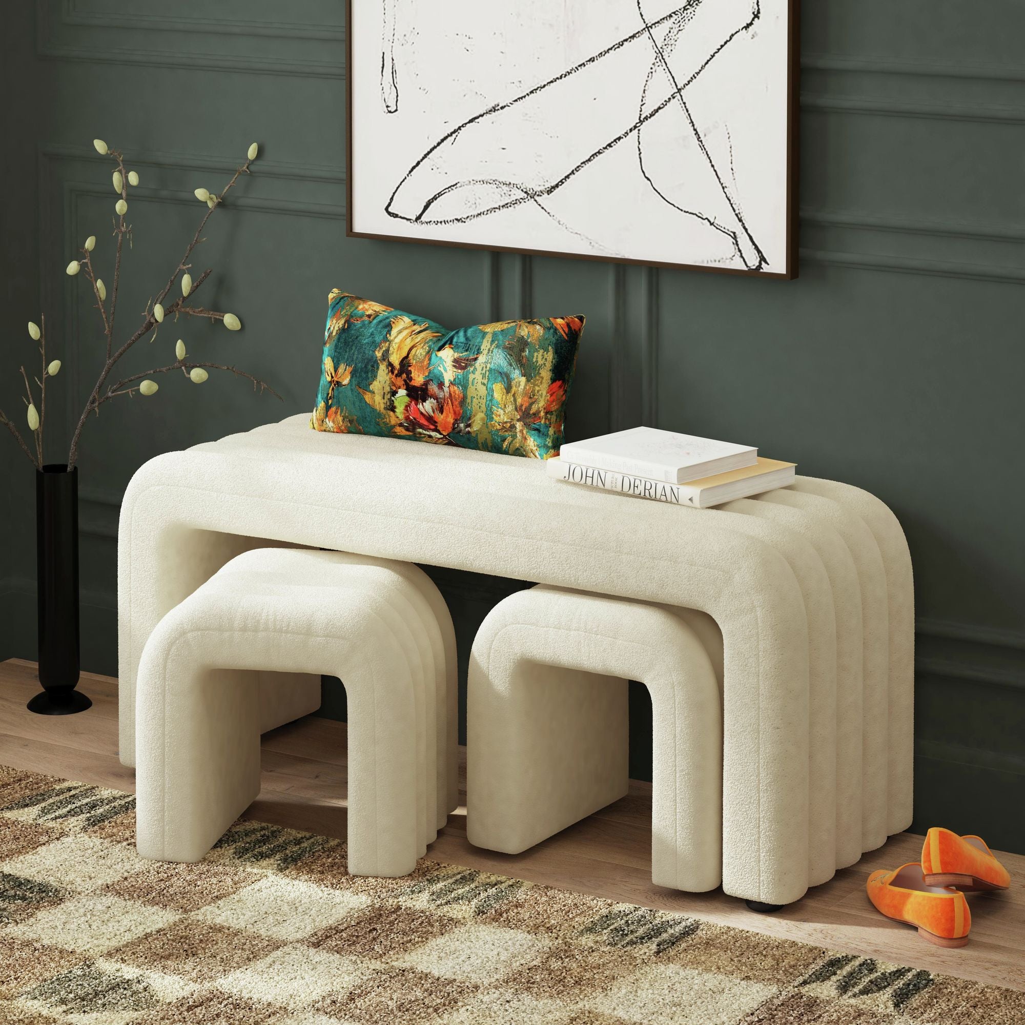 Seqouia Bench With 2 Stools in Ching Cream – SKU ULA-14960-11462-BN | Elements