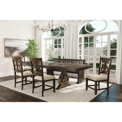 Stone 6PC Dining Set in Charcoal - Table, 4 Wooden Swril Back Side Chairs, & Pew Bench – SKU DST150SB6PC | Elements