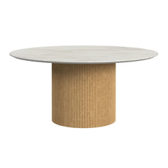 Sylvie Round Coffee Table with White Faux Marble Top and Base in Natural