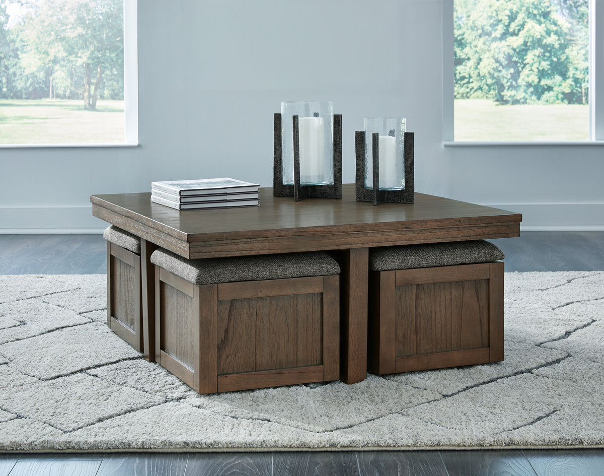 Tampa Furniture Outlet Lutz - Ashley Furniture - Boardernest Coffee Table with 4 Stools - Cocktail TBL w/4 Stools (5/CN) / Brown - T738-20