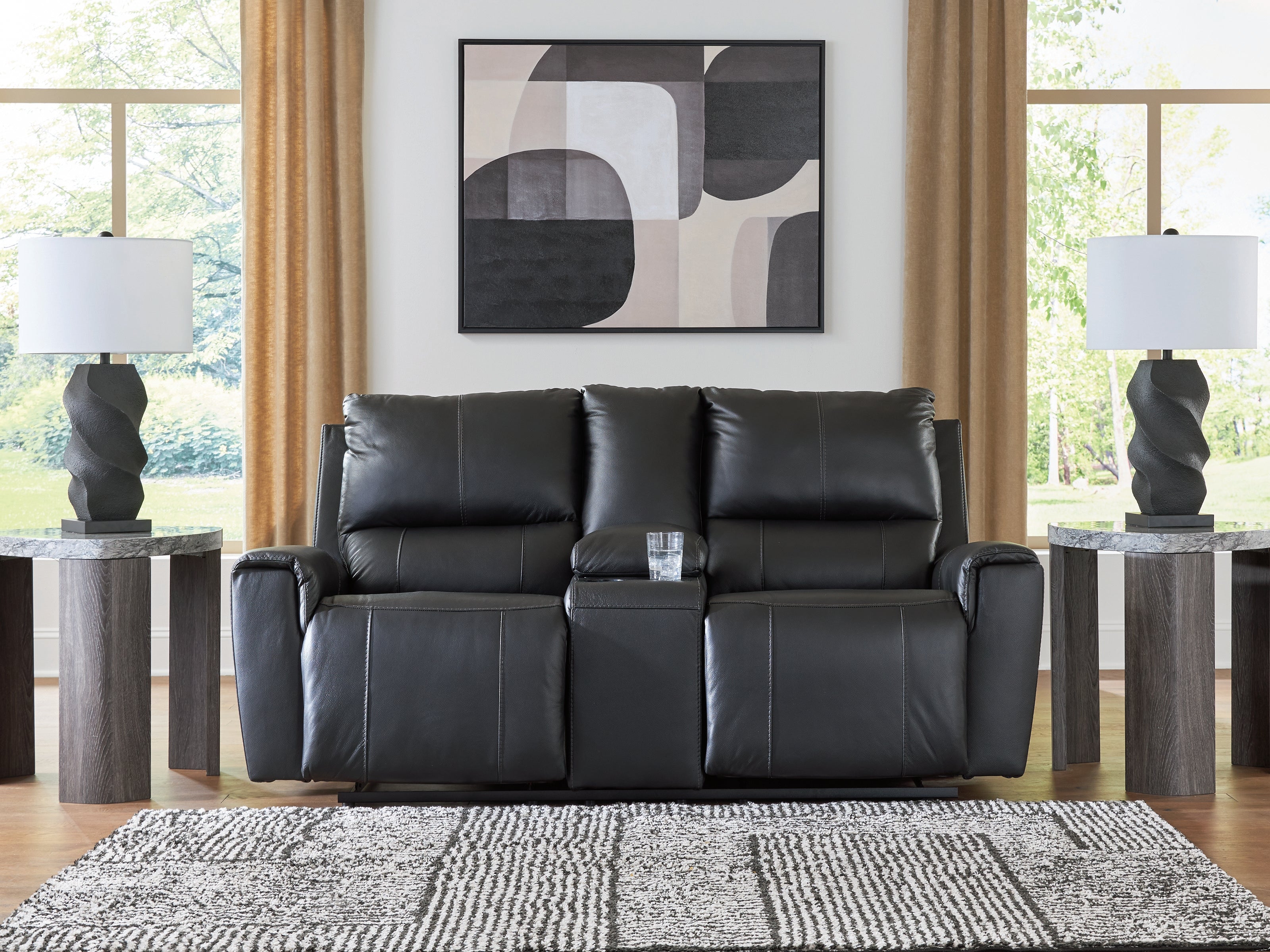 Tampa Furniture Outlet Lutz - Ashley Furniture - Glossmore Living Room - DBL Rec Loveseat w/Console / Black - PCU1170094