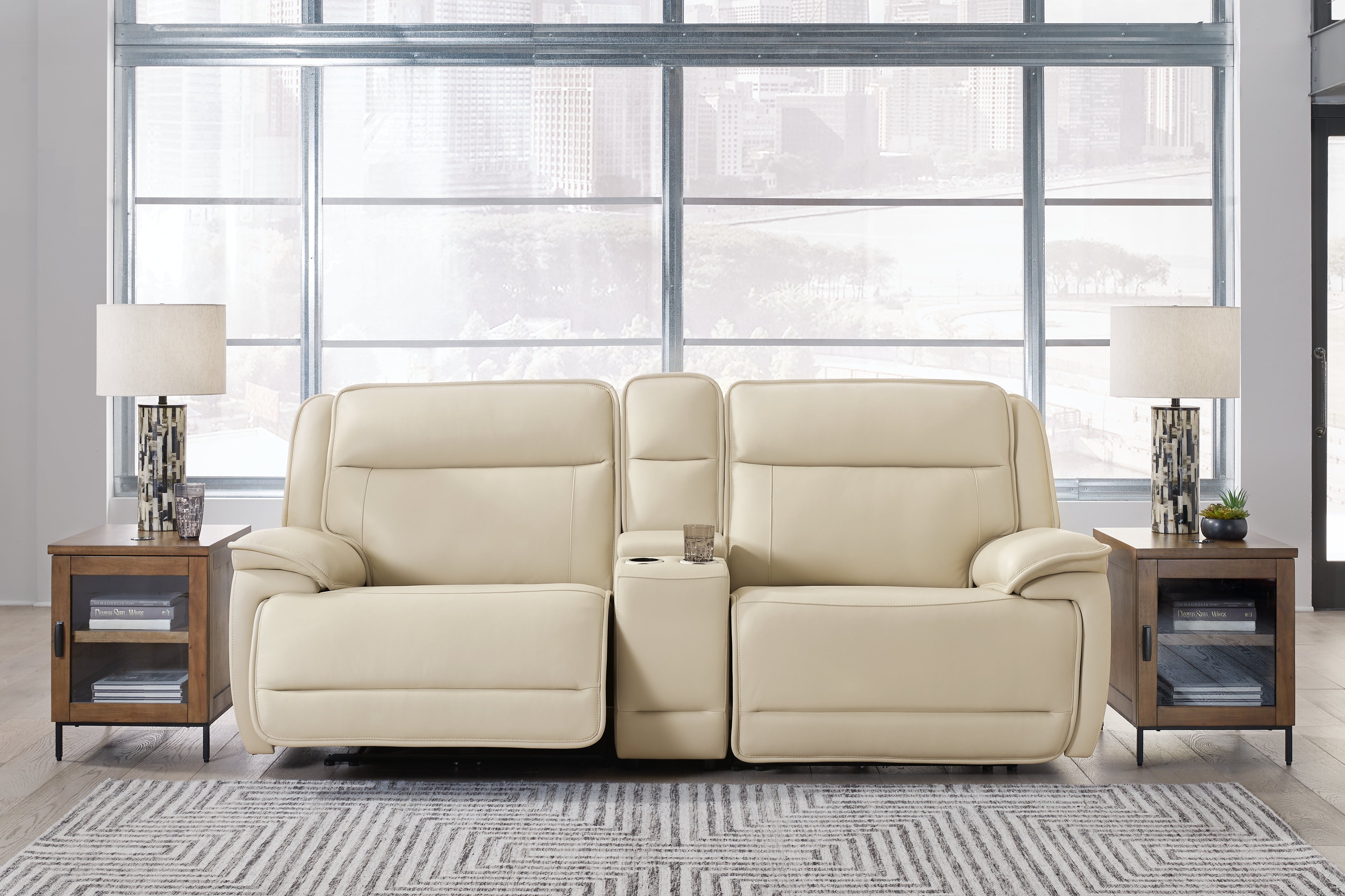 Tampa Furniture Outlet Lutz - Ashley Furniture - Double Deal Sectional - 3-Piece Power Reclining Loveseat Sectional with Console / Almond - U13001S4
