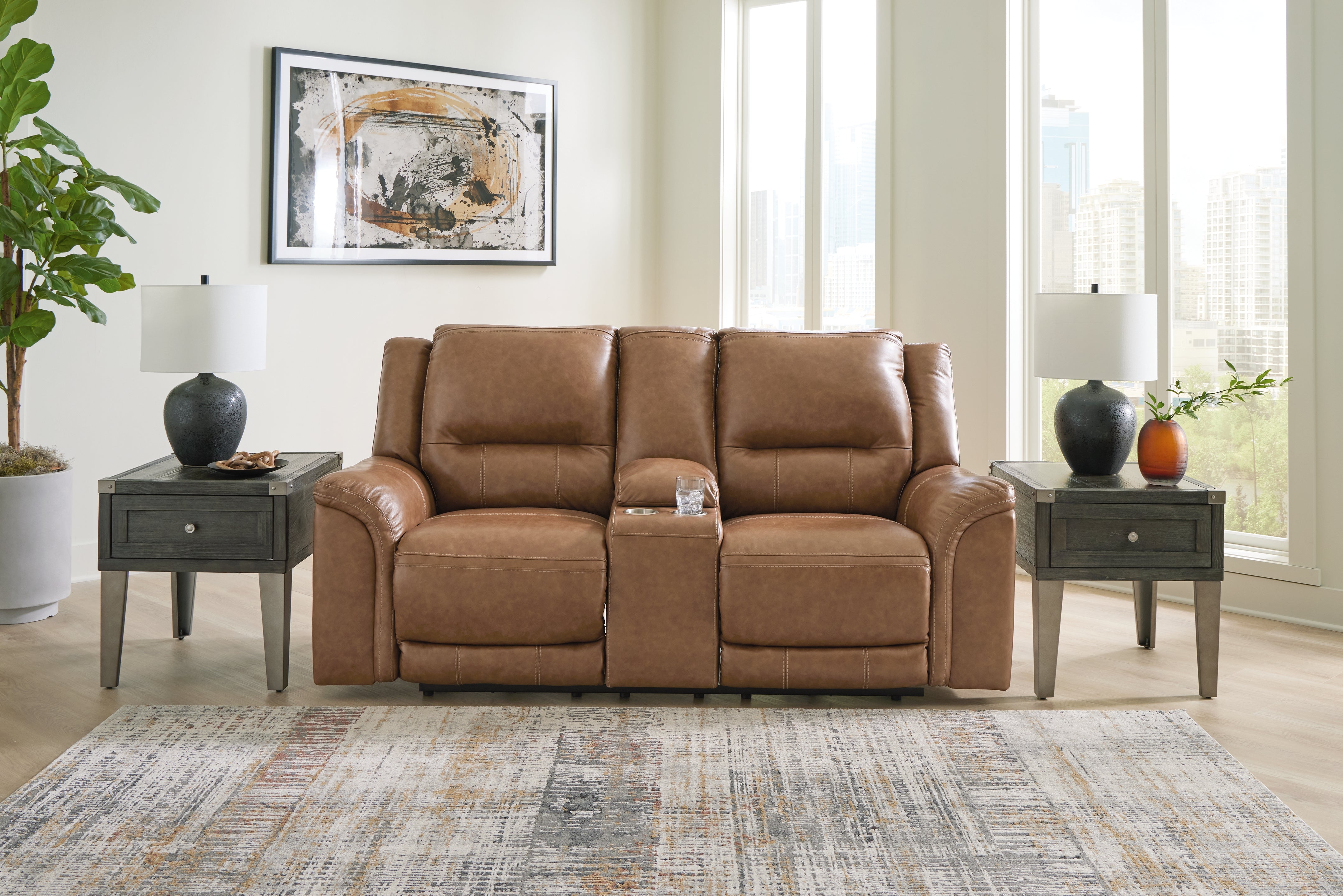 Tampa Furniture Outlet Lutz - Ashley Furniture - Trasimeno Living Room - PWR REC Loveseat/CON/ADJ HDRST / Caramel - U8281518