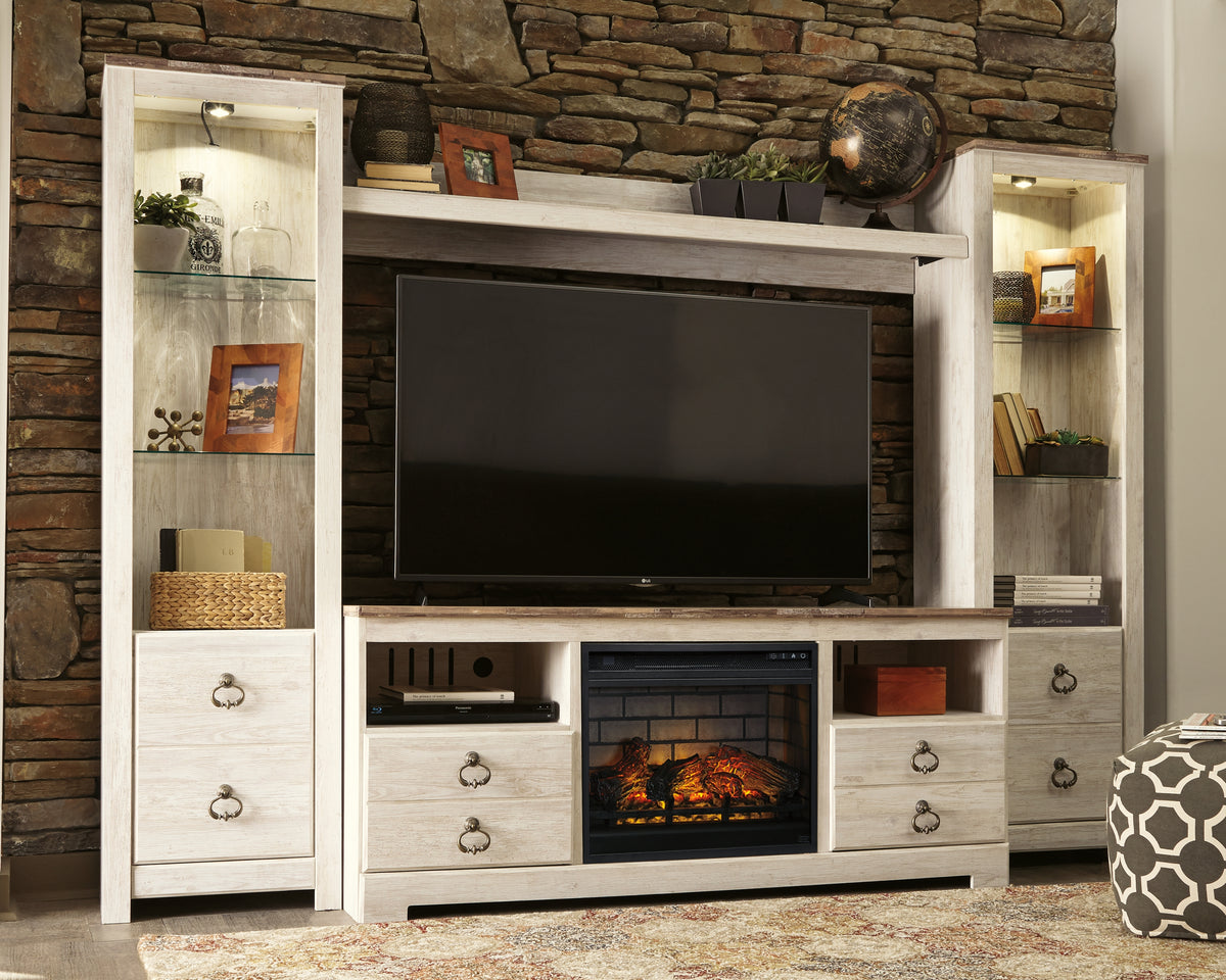 Tampa Furniture Outlet Lutz - Ashley Furniture - Willowton 4-Piece Entertainment Center with Electric Fireplace - 4-Piece Entertainment Center with Electric Fireplace / Whitewash - W267W9