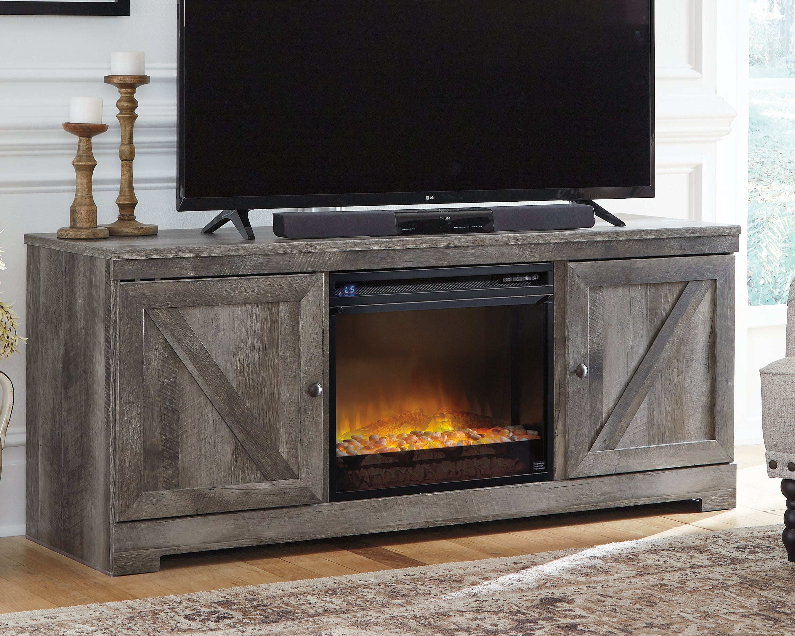 Tampa Furniture Outlet Lutz - Ashley Furniture - Wynnlow 63" TV Stand with Electric Fireplace - 63" TV Stand with Electric Fireplace / Gray - W440W4