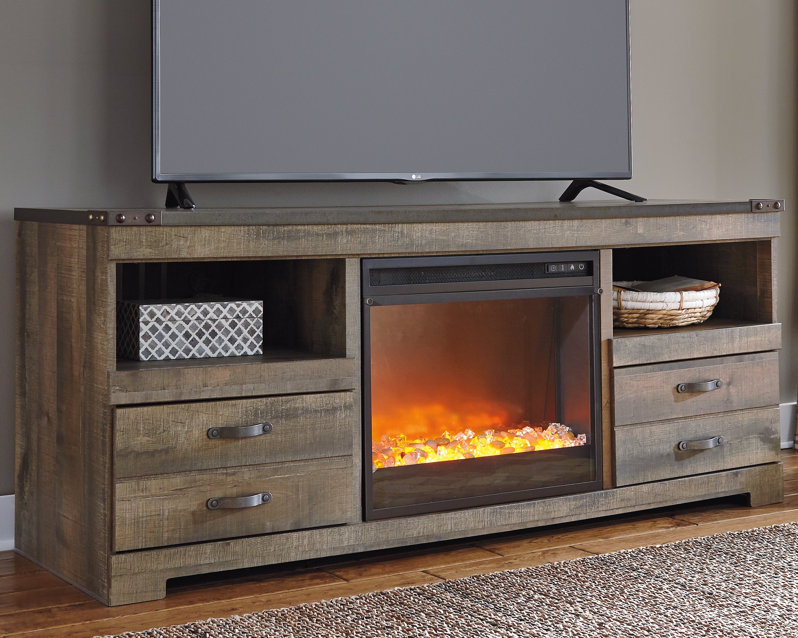 Tampa Furniture Outlet Lutz - Ashley Furniture - Trinell 63" TV Stand with Electric Fireplace - 63" TV Stand with Electric Fireplace / Brown - W446W5