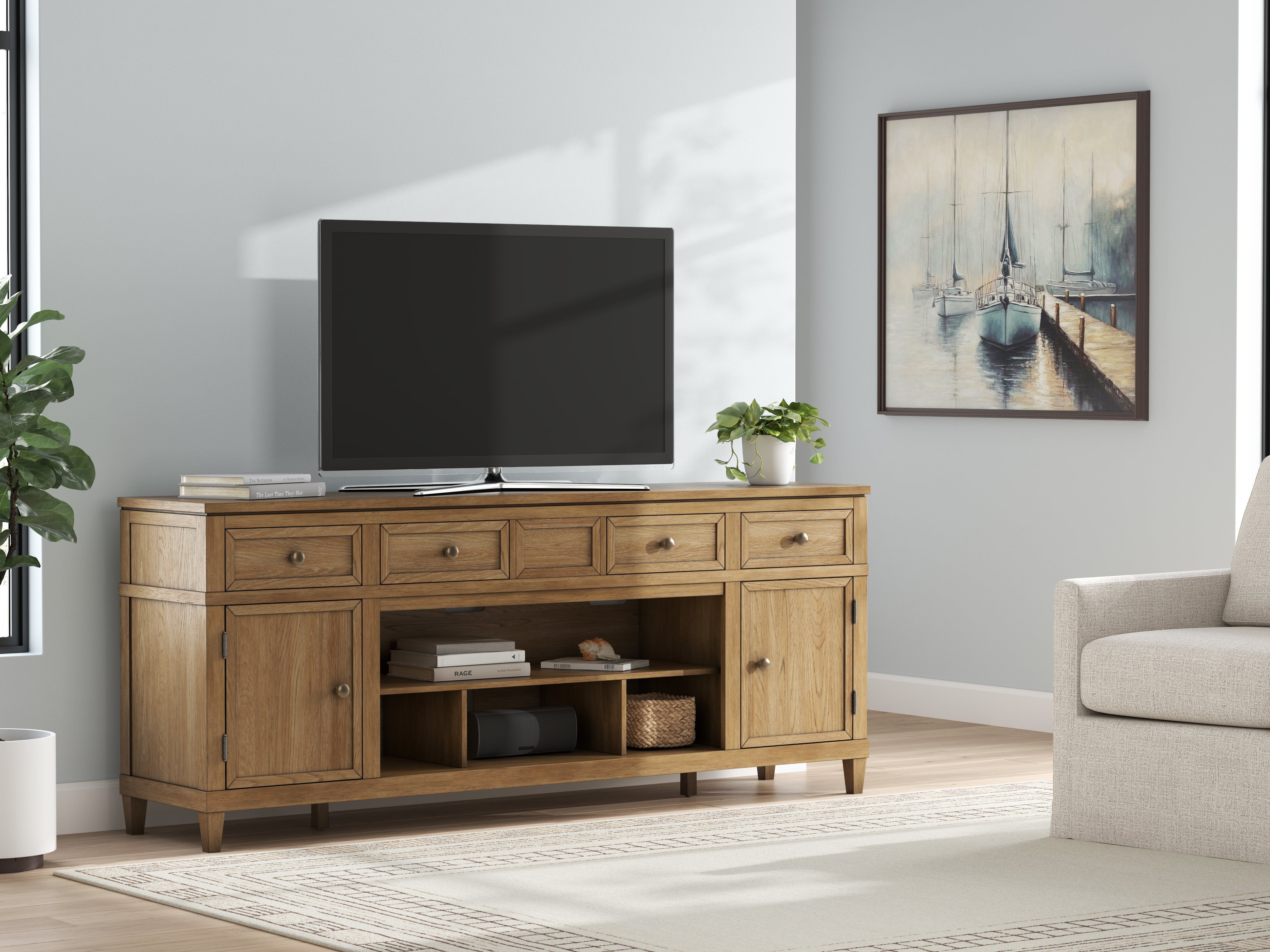 Tampa Furniture Outlet Lutz - Ashley Furniture - Sharlance 81" TV Stand - 81" / Light Brown - W655-68