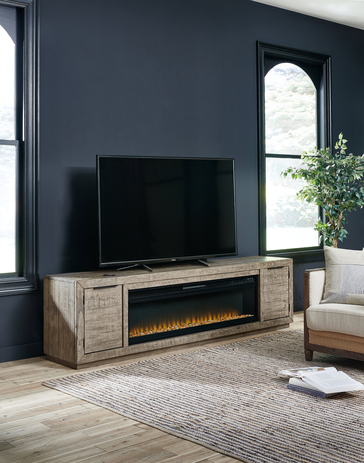 Tampa Furniture Outlet Lutz - Ashley Furniture - Krystanza TV Stand with Electric Fireplace - TV Stand with Electric Fireplace / Weathered Gray - W760W1